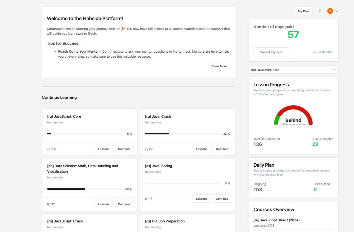 Habsida student dashboard interface showing tech course progress, lesson plans, and mentor access
