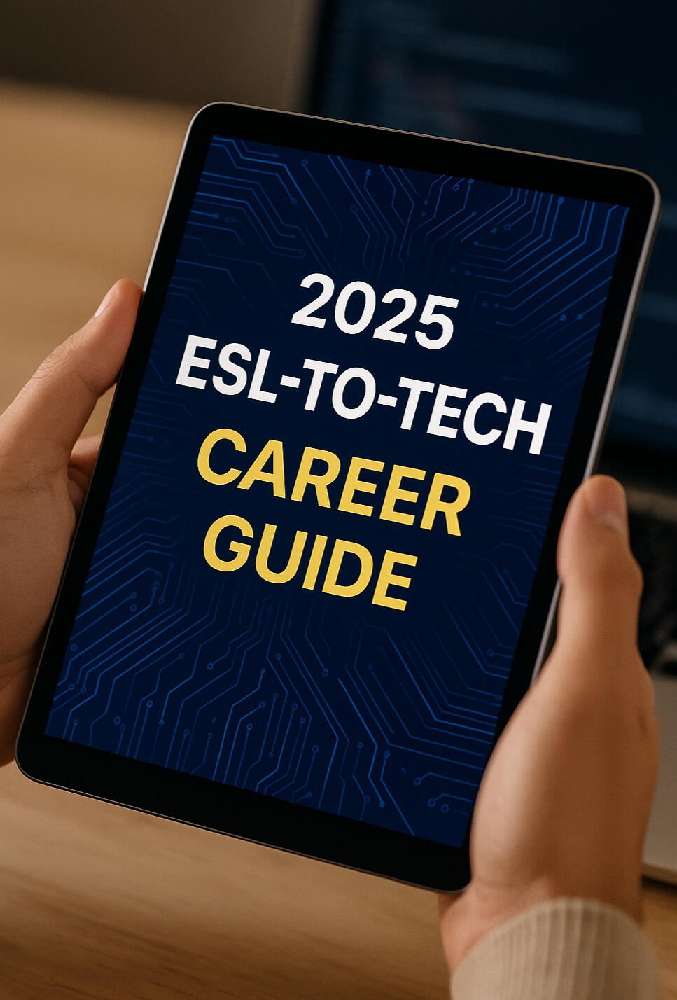 ESL to Tech career guide download screen on laptop with digital interface background, Hapsida 2025