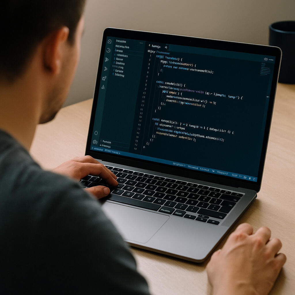 Remote ESL teacher learning Java programming on a laptop as part of a career transition